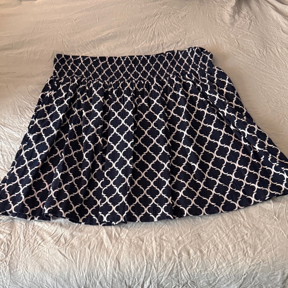 New York & Company Navy and White Circle-Print Smocked Skater Skirt